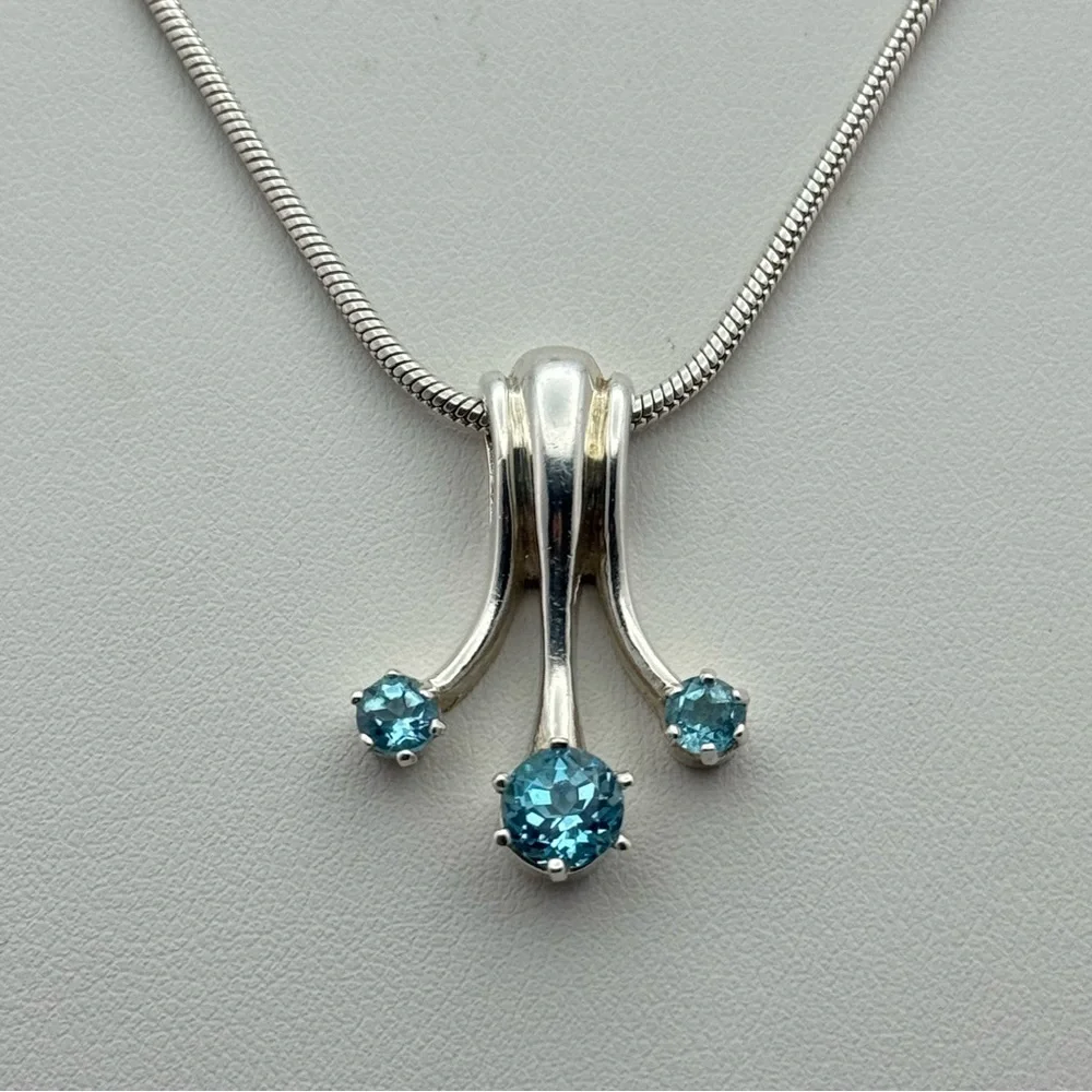 Sterling Silver Genuine Blue Topaz Triple Drop Pendant Snake Chain